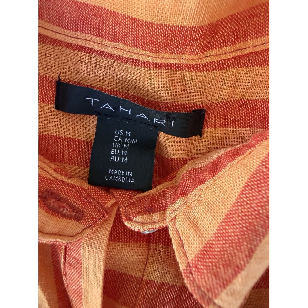 Tahari Linen Blend Striped Long Sleeve Tunic Roll-Tab Orange Medium Boho Chic M - Picture 6 of 8